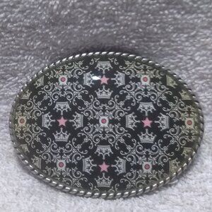 Ivan Embedded Pink Stars Silver Crowns Oval Belt Buckle Great Vintage